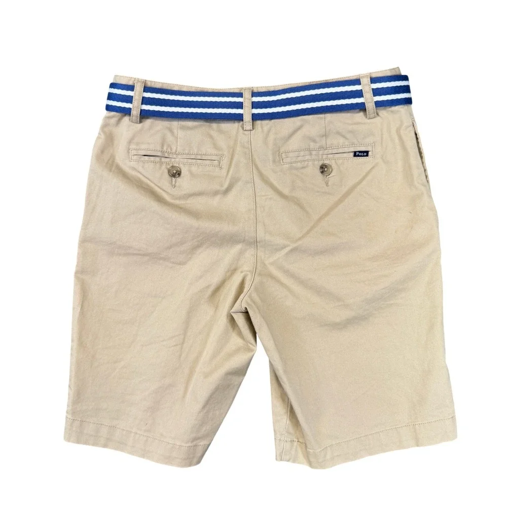 Polo Ralph Lauren Boys Khaki Chino Shorts Tan Belted Sz 14 Stretch Cotton Twill